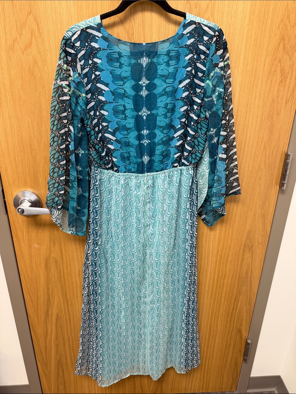 Blue Teal Mixed Patterned V-Neck Resortwear Maxi Dress with Sequin Details - Picture 5 of 12